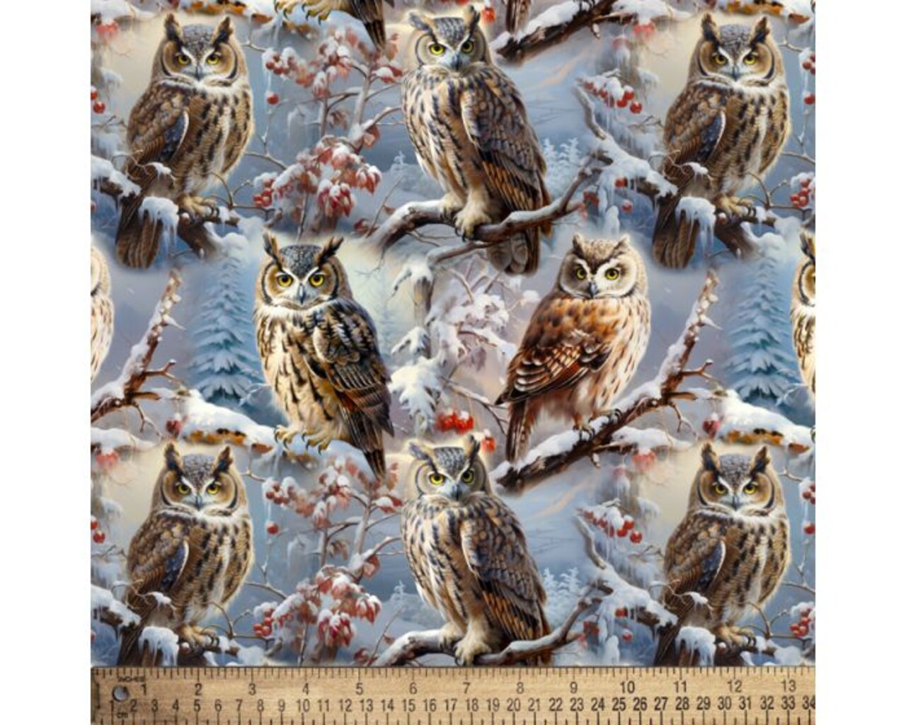 Owls Winter Snow Digital Cotton Print Fabric | By the Yard | Sewing and Crafting | 44 inches wide
